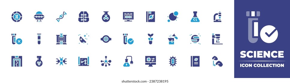 Science icon collection. Duotone color. Vector and transparent illustration. Containing intelligence, ultra chlorine, half moon, planet, map, book, flask, microscope, black hole, molecule.