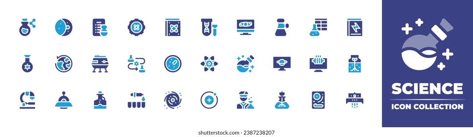 Science icon collection. Duotone color. Vector and transparent illustration. Containing waxing moon, pc, around the world, potion, ufo, scientist, flask, genetical, chemistry, atom, microscope.