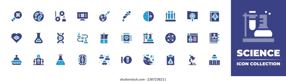 Science icon collection. Duotone color. Vector and transparent illustration. Containing mars, first quarter, flask, chemistry, time machine, destroyed planet, magnifying glass, dropper, bond.