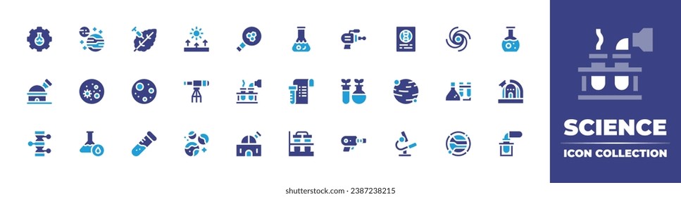 Science icon collection. Duotone color. Vector and transparent illustration. Containing genetic modification, dna, full moon, planet, microscope, test tube, blaster, virus, biology, chemical, flask.