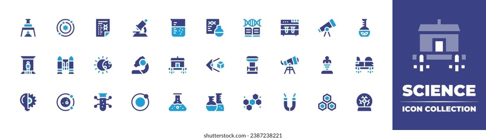 Science icon collection. Duotone color. Vector and transparent illustration. Containing idea, laboratory, microscope, telescope, teleportation, orbit, nucleotide, galaxy, genetics, jet pack.