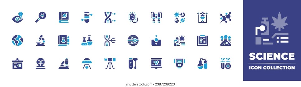 Science icon collection. Duotone color. Vector and transparent illustration. Containing eye, bacteria, earth, mars, presentation, covid test, dna, cell, biogenetic, chemicals, telescope, biology.