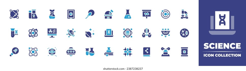 Science icon collection. Duotone color. Vector and transparent illustration. Containing test tube, science, atom, data science, cytochrome, planet, toxic waste, formula, cloning, flask, book.