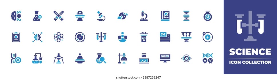 Wissenschaftssymbol-Sammlung. Duotonfarbe. Vektorgrafik und transparente Illustration. Mit Fluor, Elektronen und Chirurgie Roboter, Monitor, Mikroskop, Kolben, Teströhren, Klonen, kein chemisches, Gehirn, Labor.