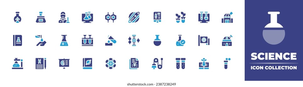 Science icon collection. Duotone color. Vector and transparent illustration. Containing virtual lab, test tube, political science, science book, science fiction, centrifuge, book, corrosion, flask.