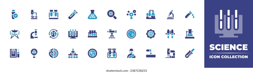 Science icon collection. Duotone color. Vector and transparent illustration. Containing material, corrosive, test tubes, flask, petri dish, sample, test tube, orbit, geology, layers, chlorine, tube.