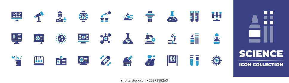 Science icon collection. Duotone color. Vector and transparent illustration. Containing prism, telescope, ecology, theory, observatory, pendulum, test tube, scientist, virus, id card, experiment.