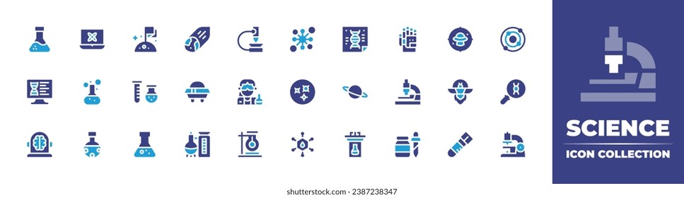 Colección de iconos de ciencia. Color de duotona. Ilustración vectorial y transparente. Con destilación, química, molécula, computadora, mercurio, cerebro, microscopio, sistema solar, cientifico, adn, pipeta.