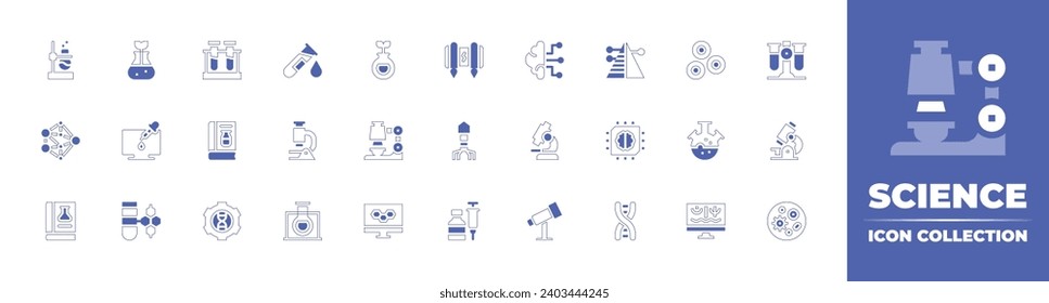 Science icon collection. Duotone style line stroke and bold. Vector illustration. Containing flask, network, book, nlp, microscope, telescope, jetpack, phage, vaccine, test tubes, research.