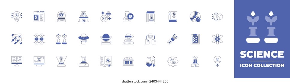 Science icon collection. Duotone style line stroke and bold. Vector illustration. Containing light, spaceship, bioinformatics, science fiction, data science, science, biology, tank, test tube, eclipse