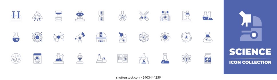 Wissenschaftssymbol-Sammlung. Duotone Stil Linie Strich und fett. Vektorgrafik. Mit Fluor, Experiment, Teleskop, Galaxie, Teleportation, Atom, Tesla-Spule, Maschine, Masern, Kolben, Chemie.