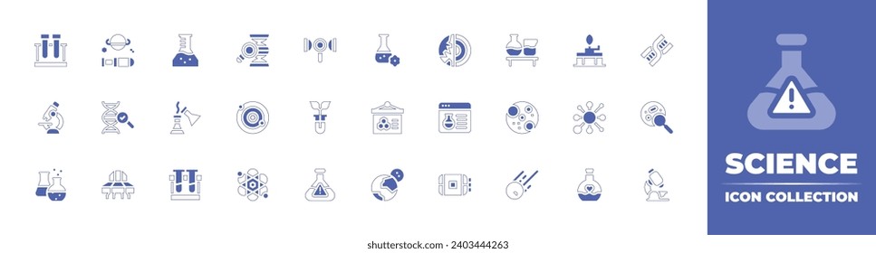 Science icon collection. Duotone style line stroke and bold. Vector illustration. Containing test tube, microscope, test tubes, science, inflatable space habitat, chemistry, presentation, moon, dna.