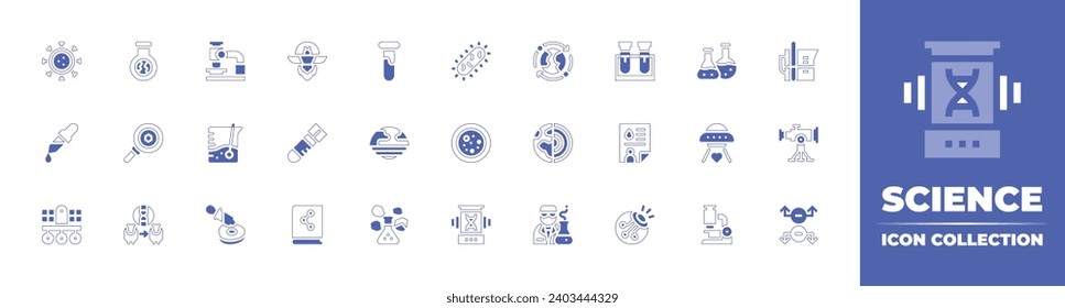 Wissenschaftssymbol-Sammlung. Duotone Stil Linie Strich und fett. Vektorgrafik. Enthält Weltraumroboter, und Hypothese, Umlaufbahn, Suche, Schichten, Klonen, Wissenschaftler, Pipette, Petrischale, Prüfröhre.