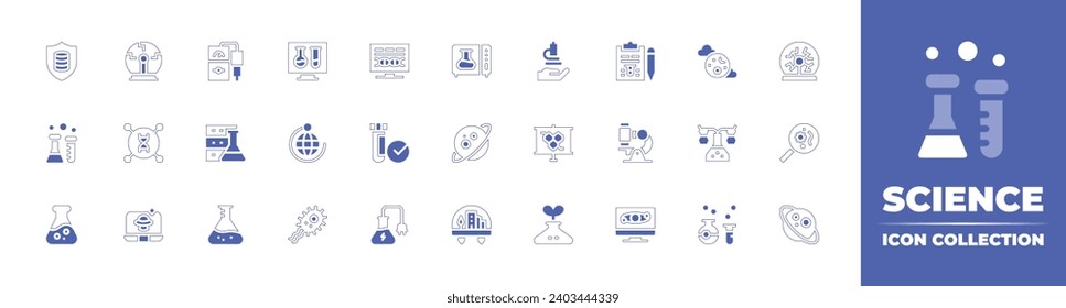 Colección de iconos de ciencia. Curso de línea de estilo duotónico y negrita. Ilustración vectorial. Con datos científicos, científicos, flask, ciencias, planeta, ciudad, astronomía, bola de plasma, virus, computadora, tubo de ensayo.