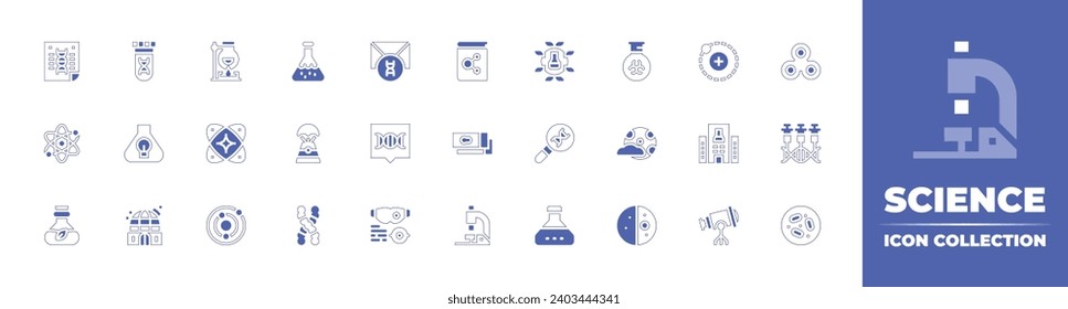 Wissenschaftssymbol-Sammlung. Duotone Stil Linie Strich und fett. Vektorgrafik. Poster, Atom, Kolben, Wissenschaft, Chemie, Dias, Mikroskop, Bakterien, Waffe, genetische Veränderung, Umschlag.