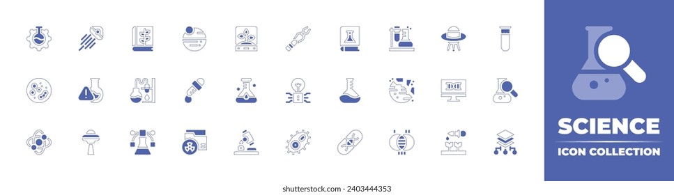 Science icon collection. Duotone style line stroke and bold. Vector illustration. Containing lab, petri dish, science, book, flask, gene therapy, tongs, intellect, protist, test tube, analysis, layers