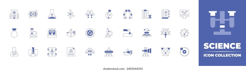 Science icon collection. Duotone style line stroke and bold. Vector illustration. Containing research center, test tube, tube, leg, corrosive, prism, moon, laboratory, ufo, molecular, bacteria.