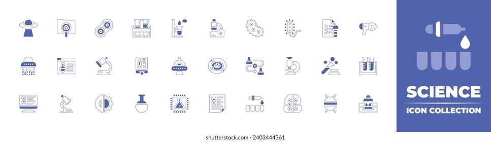 Science icon collection. Duotone style line stroke and bold. Vector illustration. Containing ufo, bacteria, microscope, artificial intelligence, intelligence, book, experiment, flask, dna, toy gun.