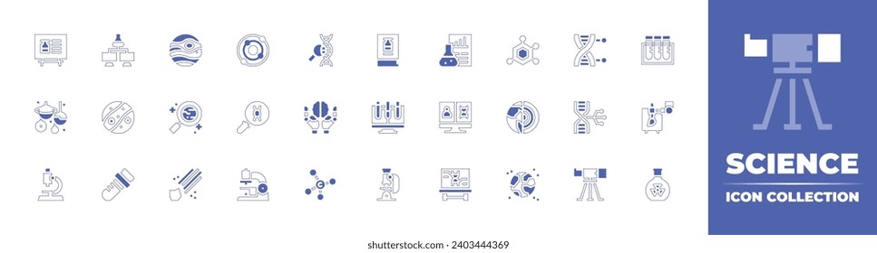 Science icon collection. Duotone style line stroke and bold. Vector illustration. Containing mars, structure, research, geology, meteorite, earth, solar system, dna, biogenetic, microscope, telescope.