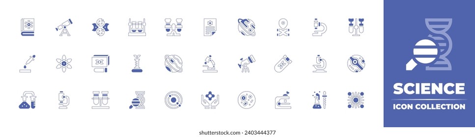 Science icon collection. Duotone style line stroke and bold. Vector illustration. Containing orbit, big bang, telescope, saturn, atomic, microscope, petri dish, uranus, mars, test tube, chemistry.