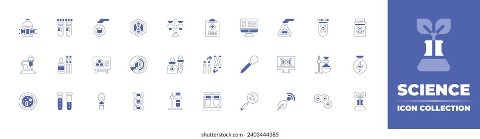 Science icon collection. Duotone style line stroke and bold. Vector illustration. Containing test tube, dna, pipette, magnifying glass, florence flask, flask, biology, computer, leaf, smart farm.