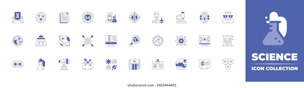 Science icon collection. Duotone style line stroke and bold. Vector illustration. Containing cell, scientist, ufo, virus, experiment, id card, research, microscope, saturn, sun, telescope, planet.