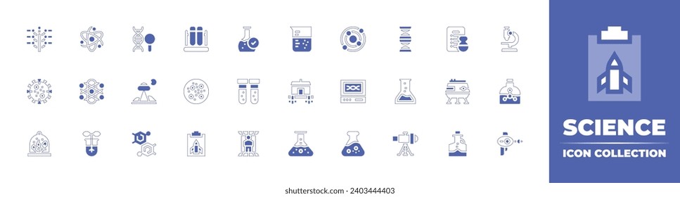 Science icon collection. Duotone style line stroke and bold. Vector illustration. Containing atom, physics, testing, plant, flask, lab, microscope, test tubes, chemical, teleport, blaster, dna, ufo.