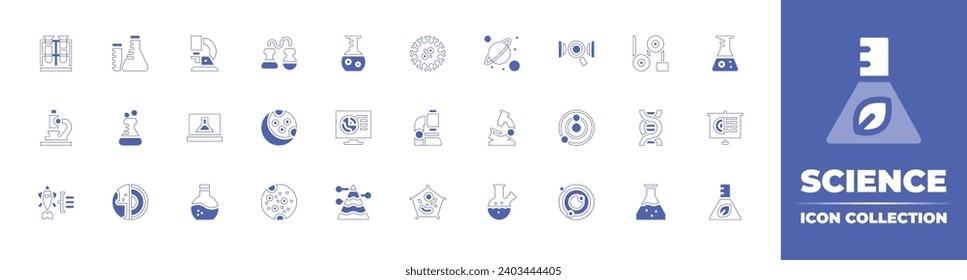 Science icon collection. Duotone style line stroke and bold. Vector illustration. Containing science, planets, flask, microscope, geology, test tube, slideshow, layers, biology, dna, laptop, solar.