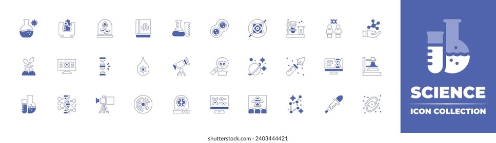 Science icon collection. Duotone style line stroke and bold. Vector illustration. Containing laboratory, flask, plant, science fiction, gyroscope, planet, biology, cell, research, galaxy, chemistry.