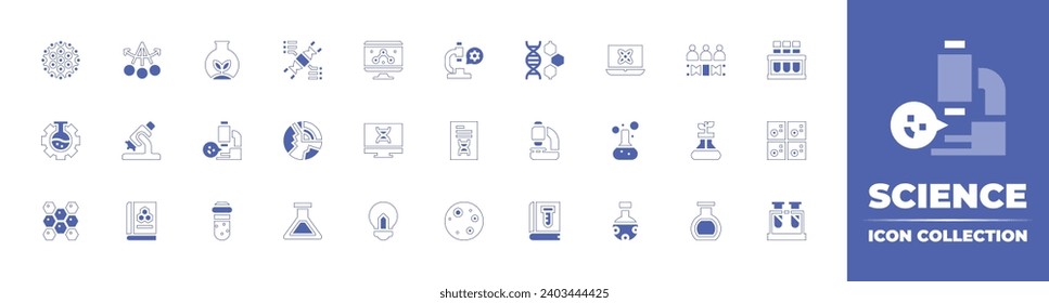 Wissenschaftssymbol-Sammlung. Duotone Stil Linie Strich und fett. Vektorgrafik. Pendeln, Mikroskop, Wissenschaftsbuch, Einstellungen, Bericht, Gewebe, Vollmond, Teströhren, periodische Elemente enthaltend