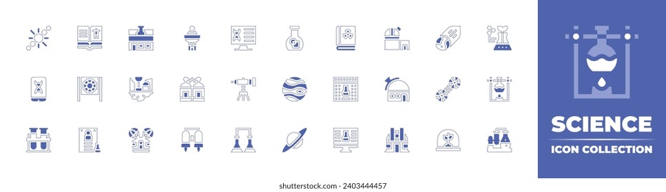 Science icon collection. Duotone style line stroke and bold. Vector illustration. Containing science fair, science fiction, science book, analysis, planet, smartphone, jupiter, solar system, flask.