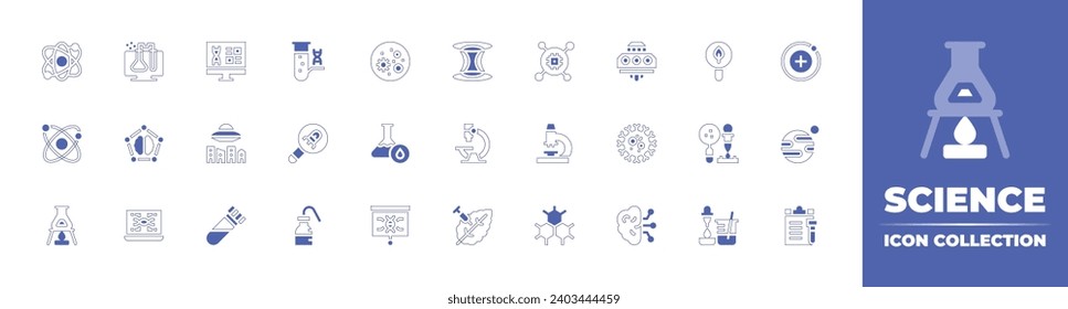 Science icon collection. Duotone style line stroke and bold. Vector illustration. Containing atom, science, nano technology, microscope, structure, wormhole, genetic modification, proton, planet.