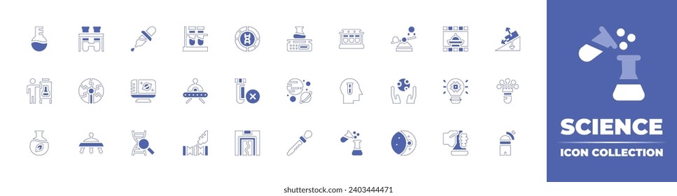 Science icon collection. Duotone style line stroke and bold. Vector illustration. Containing laboratory, science fair, chemistry, science, lab scale, planets, dropper, observatory, gravity, biology.