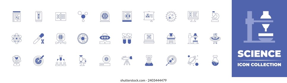 Science icon collection. Duotone style line stroke and bold. Vector illustration. Containing atom, flask, science book, computer science, science, theory, chemical, telescope, book, black hole.