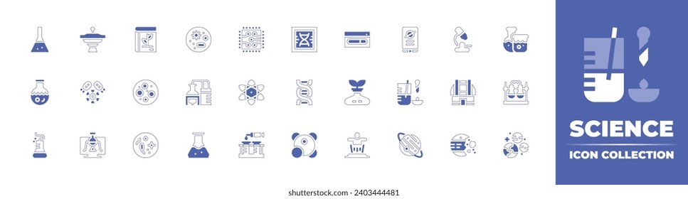 Science icon collection. Duotone style line stroke and bold. Vector illustration. Containing flask, tube, chemistry, loading, research, teleportation, dna structure, dna, metabolism, experiment, plane