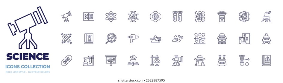 Science icon collection. Line style. Editable stroke. telescope, research, atom, science, genetic engineering, test tube, lectern, flask, saturn, prism.