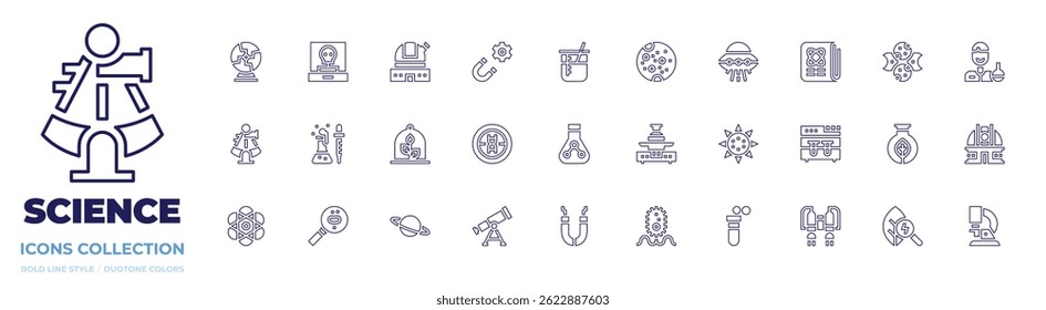 Science icon collection. Line style. Editable stroke. plasma ball, anthropology, observatory, magnet, chemical, mars, ufo, newspaper, moon phase, plant.