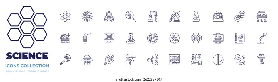 Science icon collection. Line style. Editable stroke. cell, nucleotide, dna, chemistry, flask, test tubes, lunar module, observatory, test tube, virus.