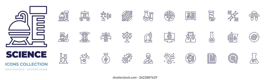 Science icon collection. Line style. Editable stroke. nuclear, house, fish, saturn, laboratory, geology, microwave, tube, scientist, wormhole, ufo, flask, dna.