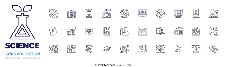 Science icon collection. Line style. Editable stroke. uranus, science, plant, test tubes, test, pc, planet, research, microscope, sample tube, test tube.