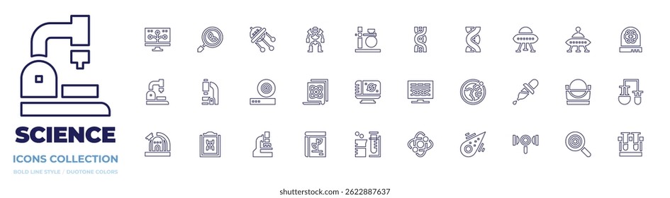 Science icon collection. Line style. Editable stroke. bioinformatics, search, ufo, android, flask, dna, brain, microscope, friction, scientific, laptop.