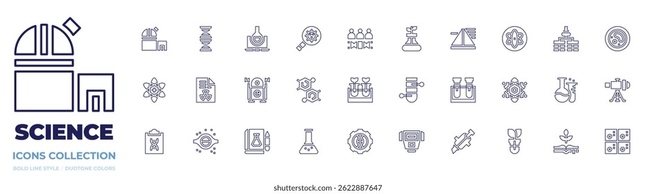 Science icon collection. Line style. Editable stroke. observatory, dna, testing, magnifying glass, group, lab, prism, atom, database table, petri dish.