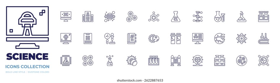 colección de ícono de Ciencia. Estilo de línea. Accidente cerebrovascular editable. estructura de ADN, centro de investigación, planeta, glóbulos rojos, estructura, cloro ultra, genética.