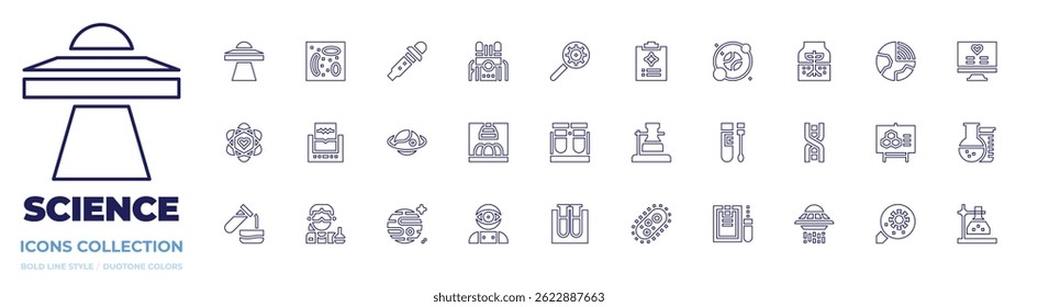 Science icon collection. Line style. Editable stroke. ufo, parasite, dropper, machine, biology, report, solar system, sprout, heart, planet, incubator, swab.