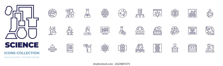 Science icon collection. Line style. Editable stroke. mars, experiment, flask, ufo, moon, data science, idea, dna, underwater city, space colonization.