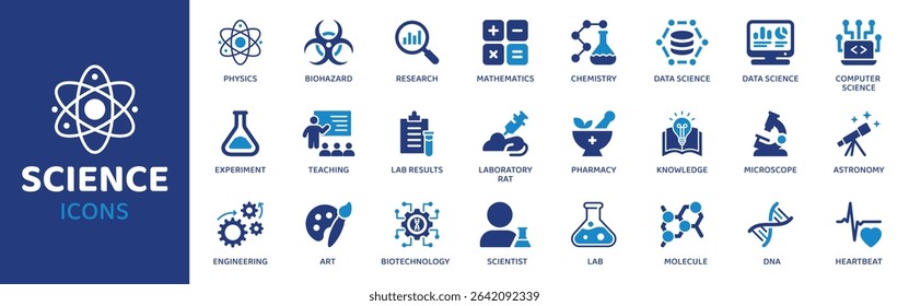 Ciência - Coleção de Ícones. O conjunto de linhas finas contém ícones como Ciência, Laboratório, Átomo, Molécula, Testtube, Frasco, Copo e muito mais. Conjunto de ícones simples da Web.