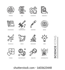 Science icon design template, Simple Set of Science Related Vector Line Icons. Contains such Icons as DNA, Analysis, Research, Genetic Modification and more.