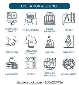 Science icon. science and education vector icons set. knowledge growth, study program, online university, project, astronomy, exchange, biology, experiment, knowledges, botany, distance education icon