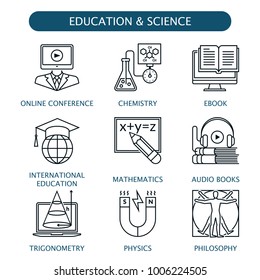 Science icon. science and education vector icons set. online conference, chemistry, ebook, international education, mathematics, audio books, trigonometry, physics, philosophy icons