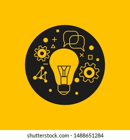 Science icon, lamp, gears, molecule and speech bubble. Scientific information logo, vector graphic design